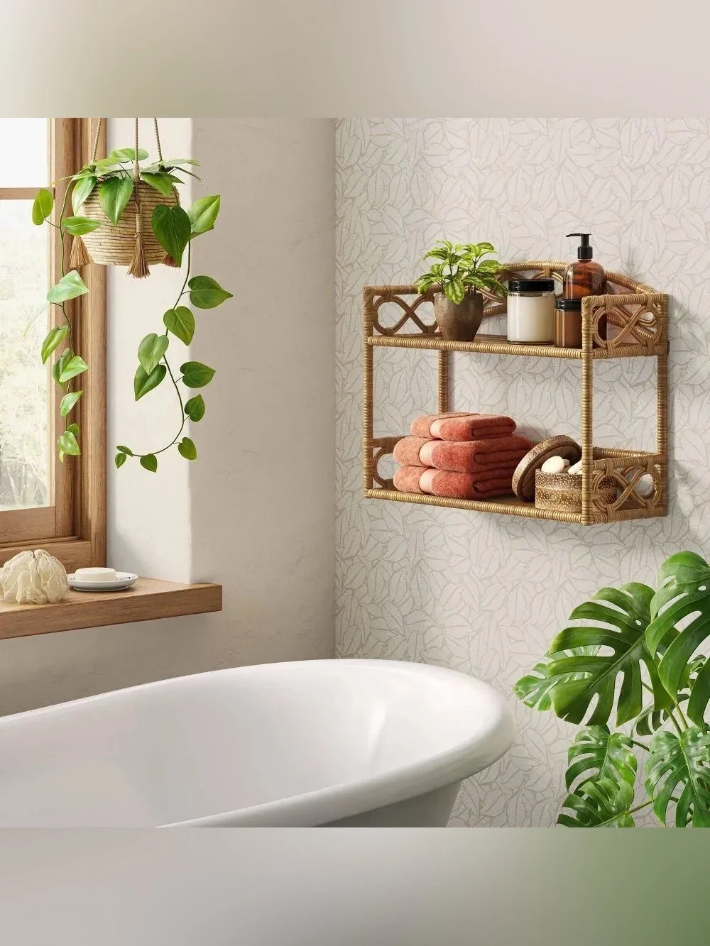 Threshold Rattan Wall Hanging Shelf Lacquered Finish No Assembly 2-Tier Tan